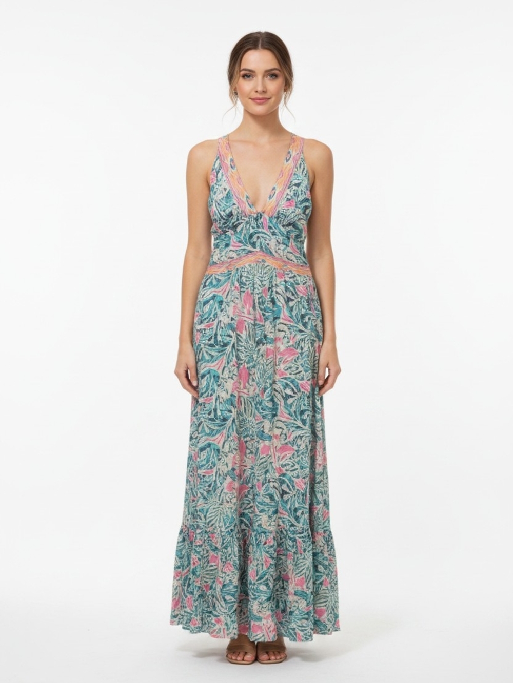 Tropical Print V-Neck Maxi Dress in Teal and Pink